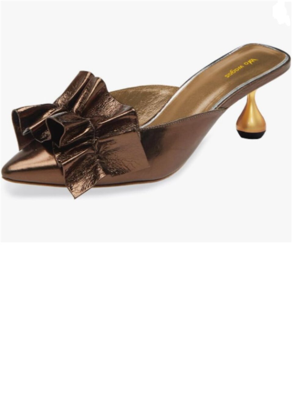 Wo Wagas Brown Ruffle Pointy Toe Clogs Mules Slip On Metal Low Heel Sandals